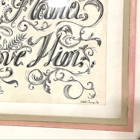 ORIGINAL FRAMED ART Tattoo Type Ink Retro Drawing in Hand Painted Pink Frame - Picture 9 of 11